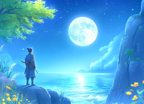 Samurai armor overlooking moonlit sea