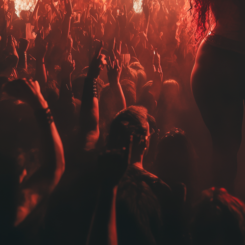 Woman crowd with devil horn hands