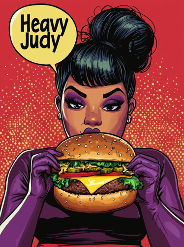 Cartoon character eating cheeseburger