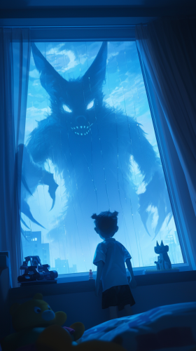 sinister Chinese vampire shadow lurks outside child's room.