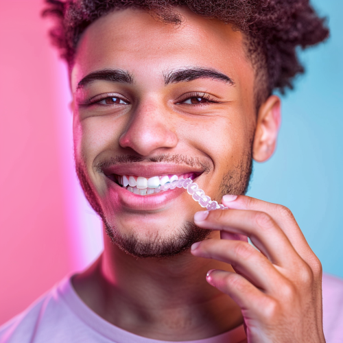 Young man with clear aligner