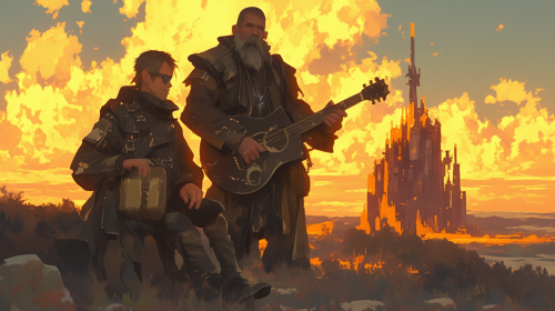 Musicians walking in desert city