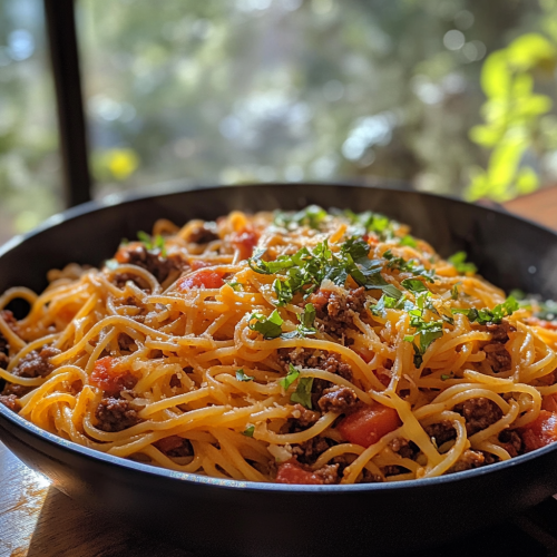Taco spaghetti on kitchen table