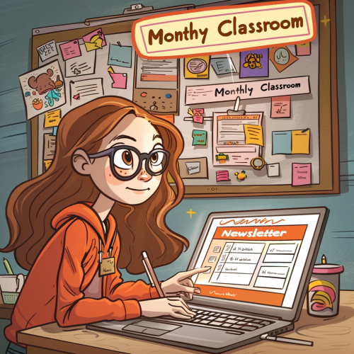 Teacher creating newsletter on laptop