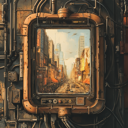 touchable screen with mechanical background displaying streetscape picture words