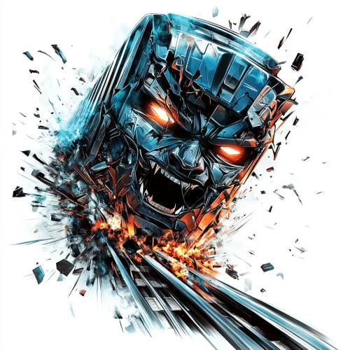 Train logo smashing through obstacle