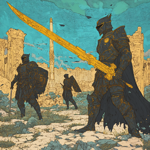 Warriors in armor with sword ruins