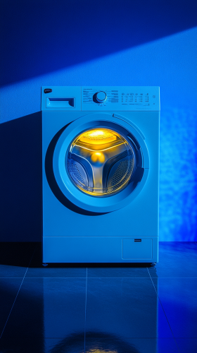 Modern washing machine on blue background