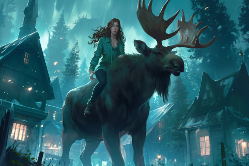 Woman on monstrous moose in storm