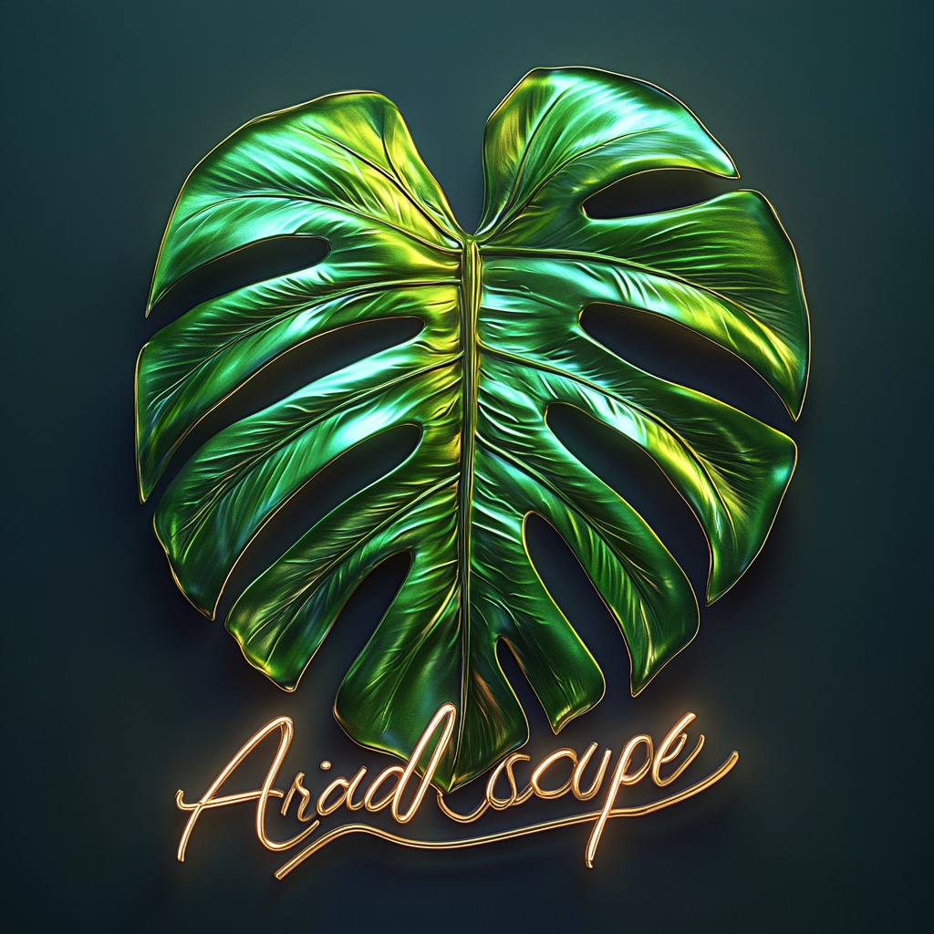 ' Aroid Society' logo with realistic tropical leaf, metallic font.