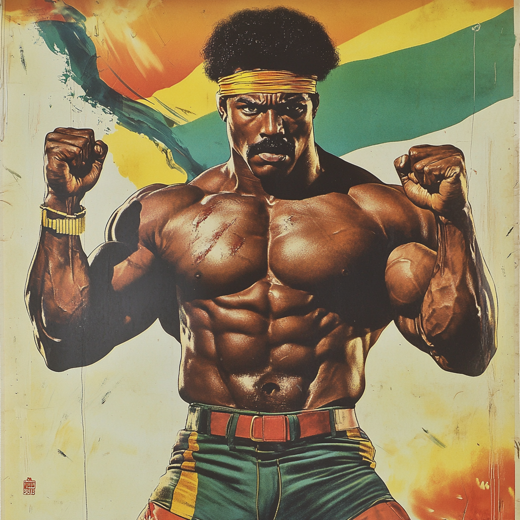 '80s action movie poster, muscular Ethiopian, high body count.