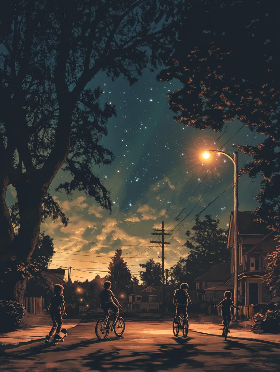 '90s Kids Playing Under Streetlights - Cinematic Night Scene