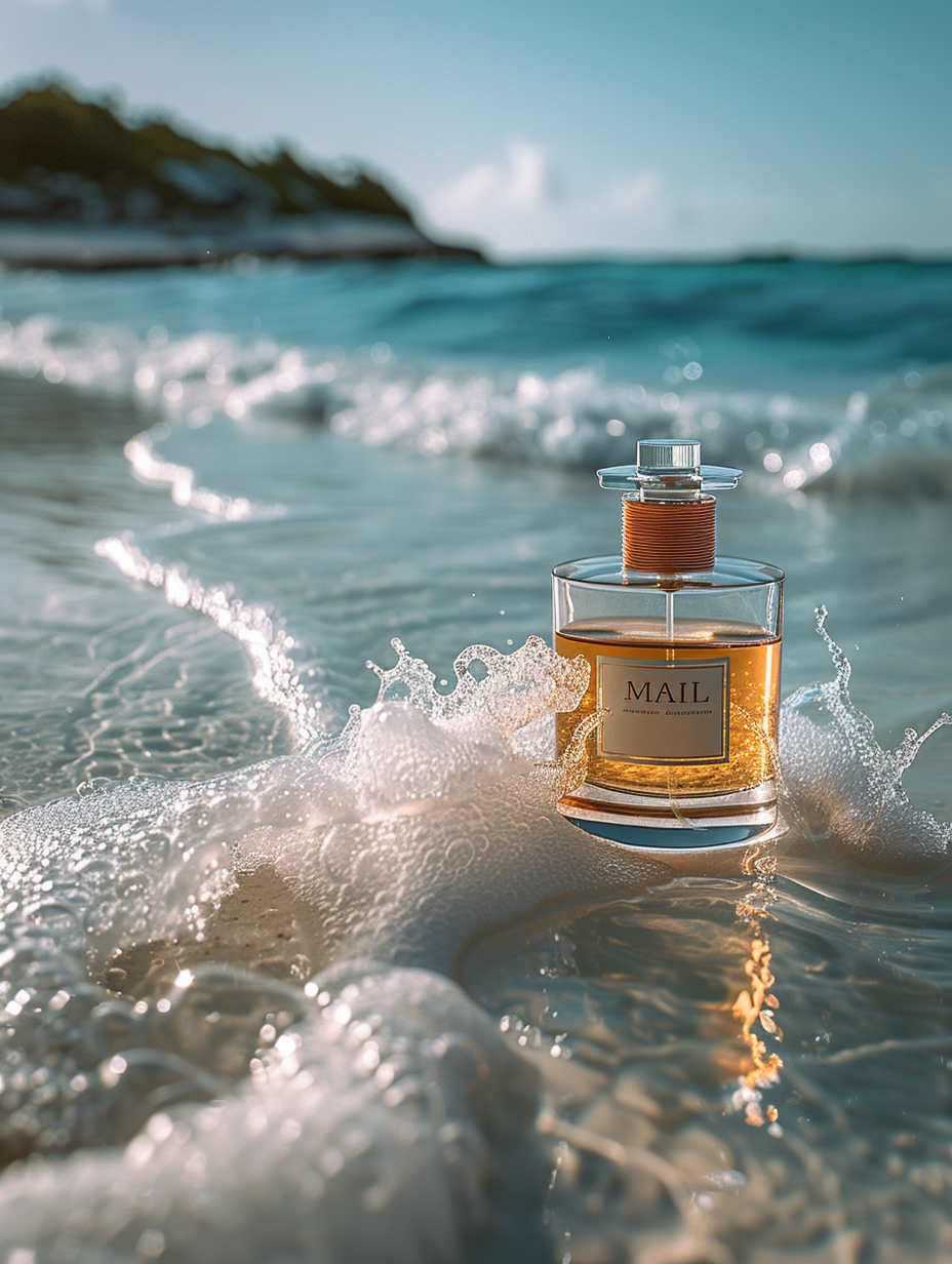 'Mapil' perfume bottle on beach, blue ocean background.