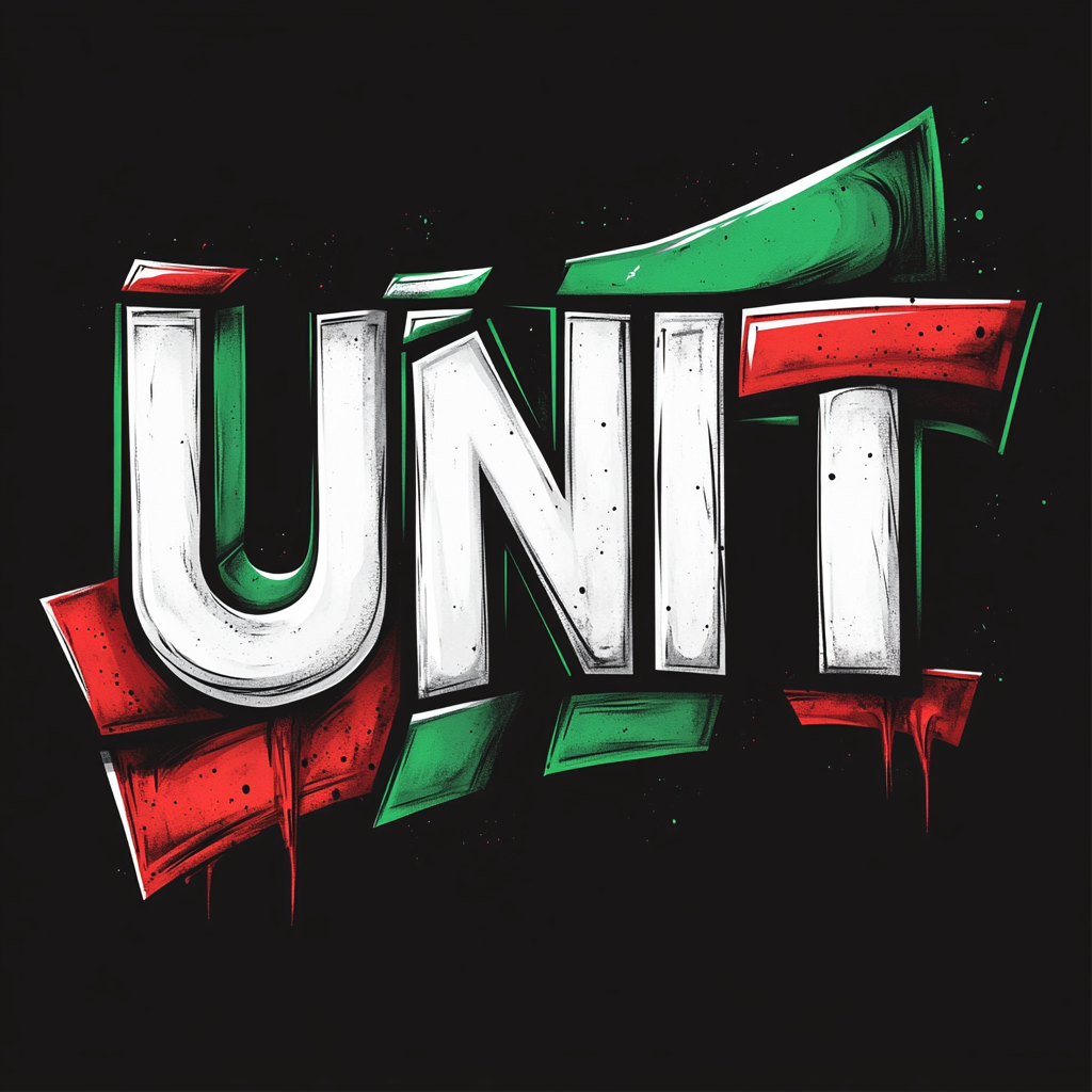 'UNITY' in graffiti style logo with rave colors.