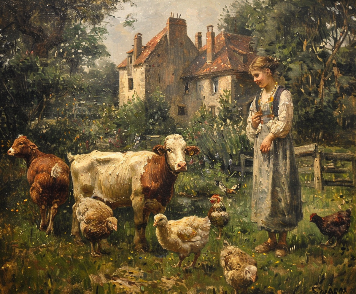   Animals on the farm in a painting