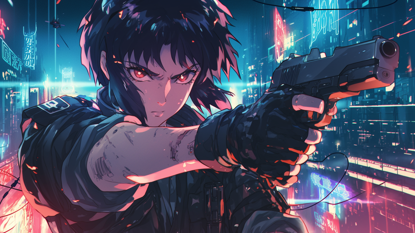  Anime-style illustration of Makoto Kusanagi in 90s cyberpunk.