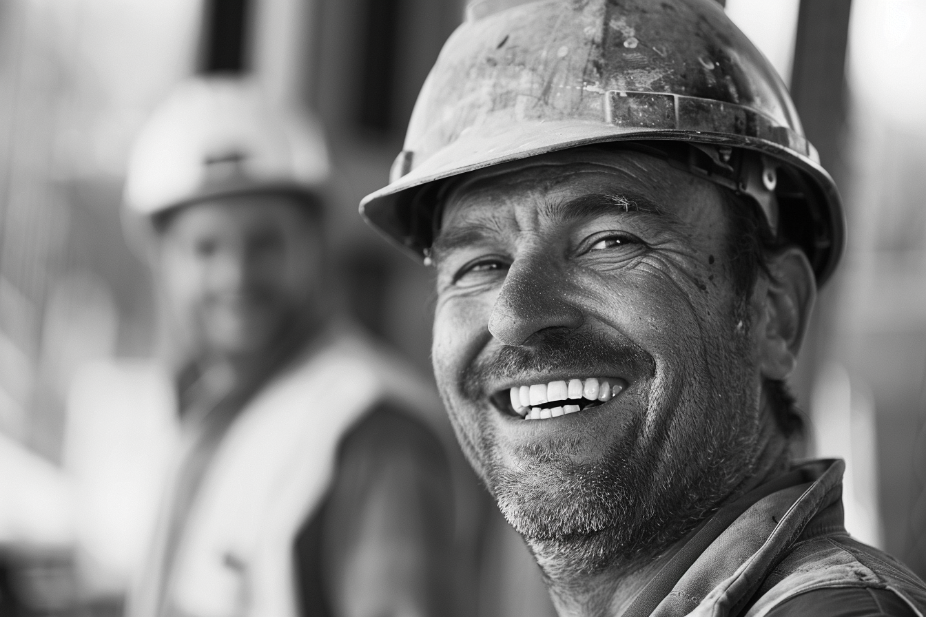  Black and white photo of smiling man at construction site.