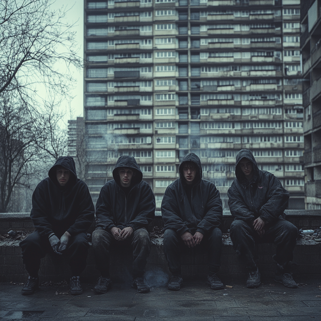  Group of young men in London estate, 2024.