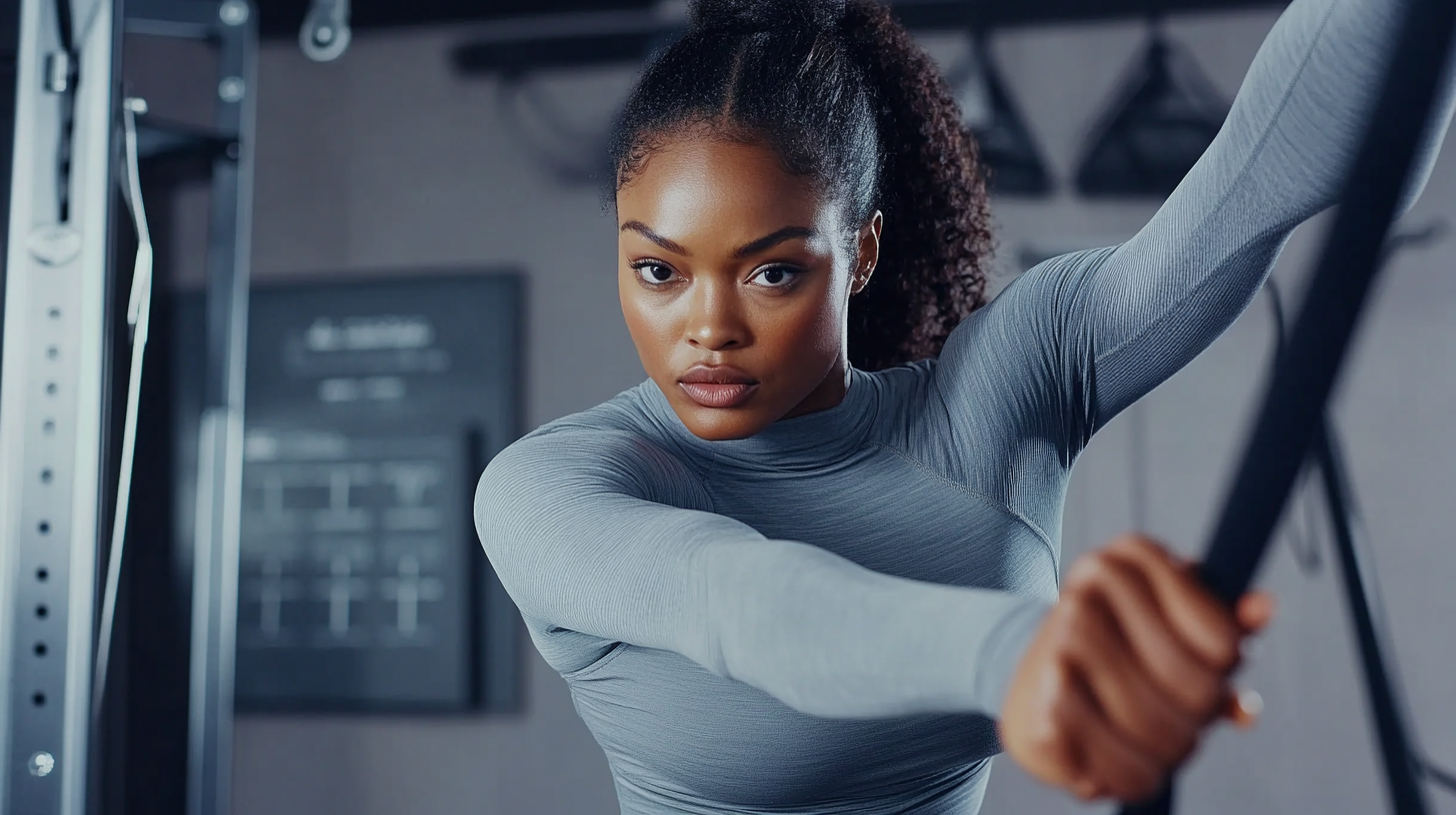  Woman in gym outfit doing resistance band pull-up.