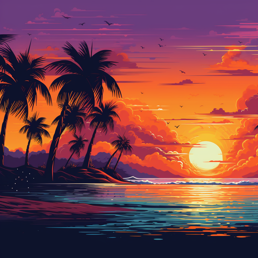 4. A sunset beach scene with palm trees