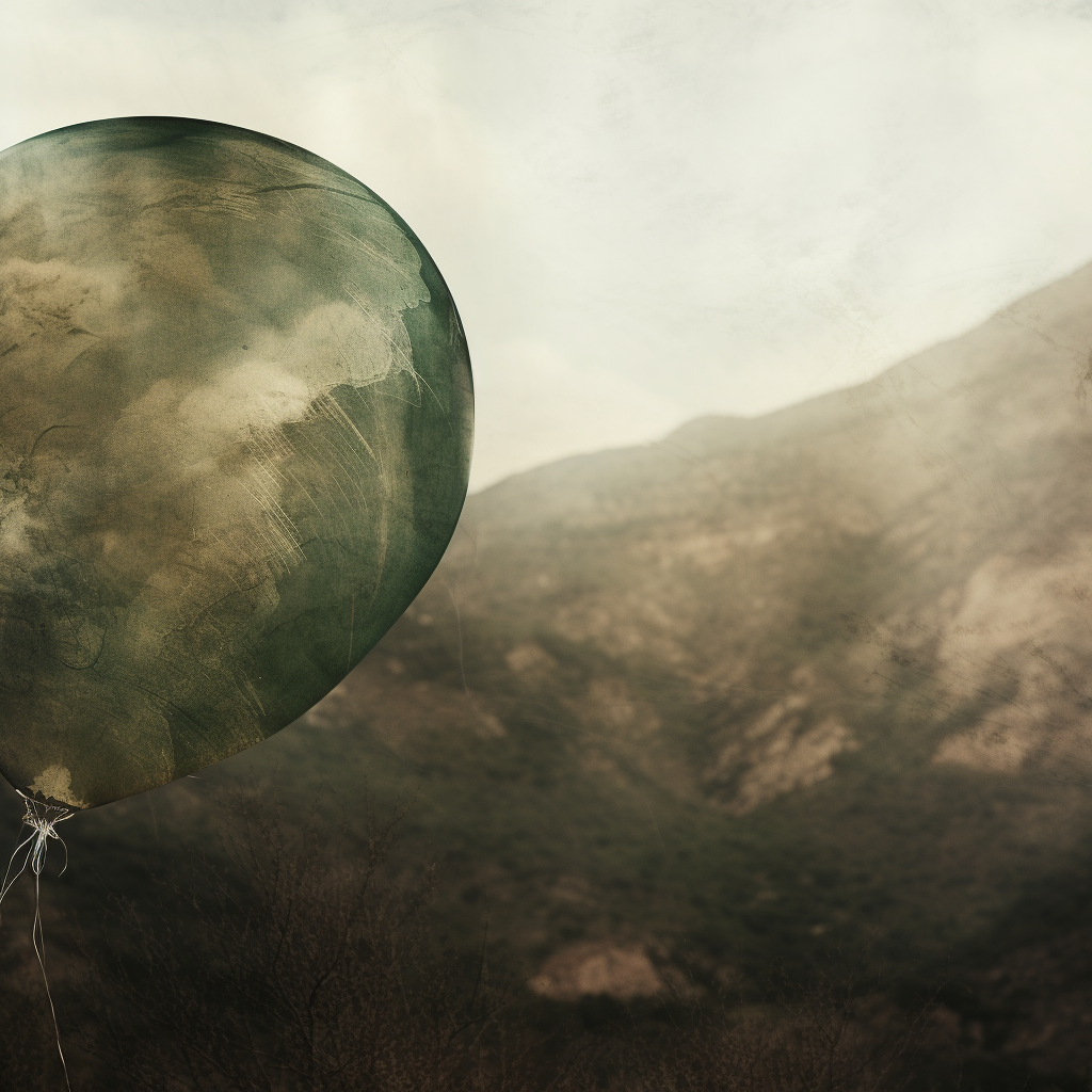 4. Green balloon floats in mountain landscape