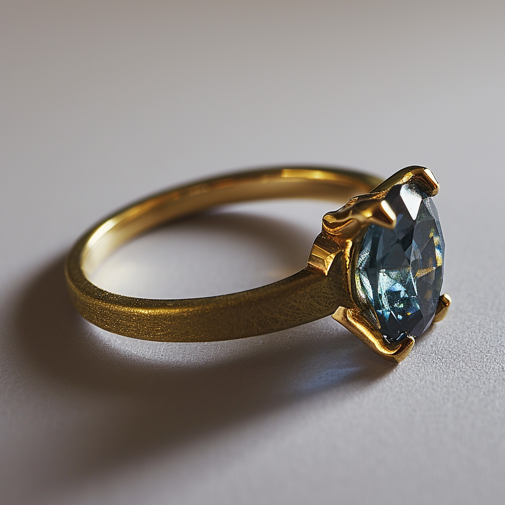 4. The ALT Text for the image could be  Matte gold engagement ring with blue diamond.