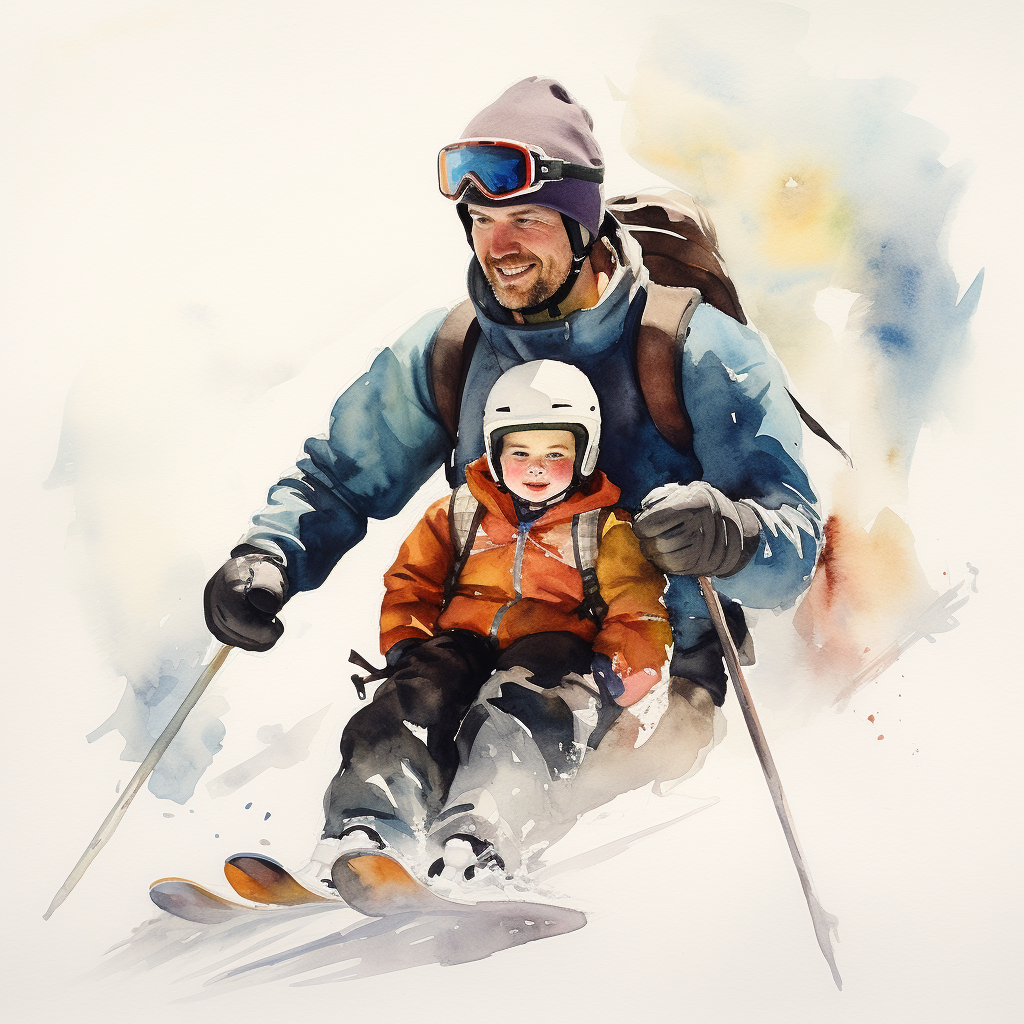 4. The ALT text for the image could be  Watercolor of a skiing man with baby .