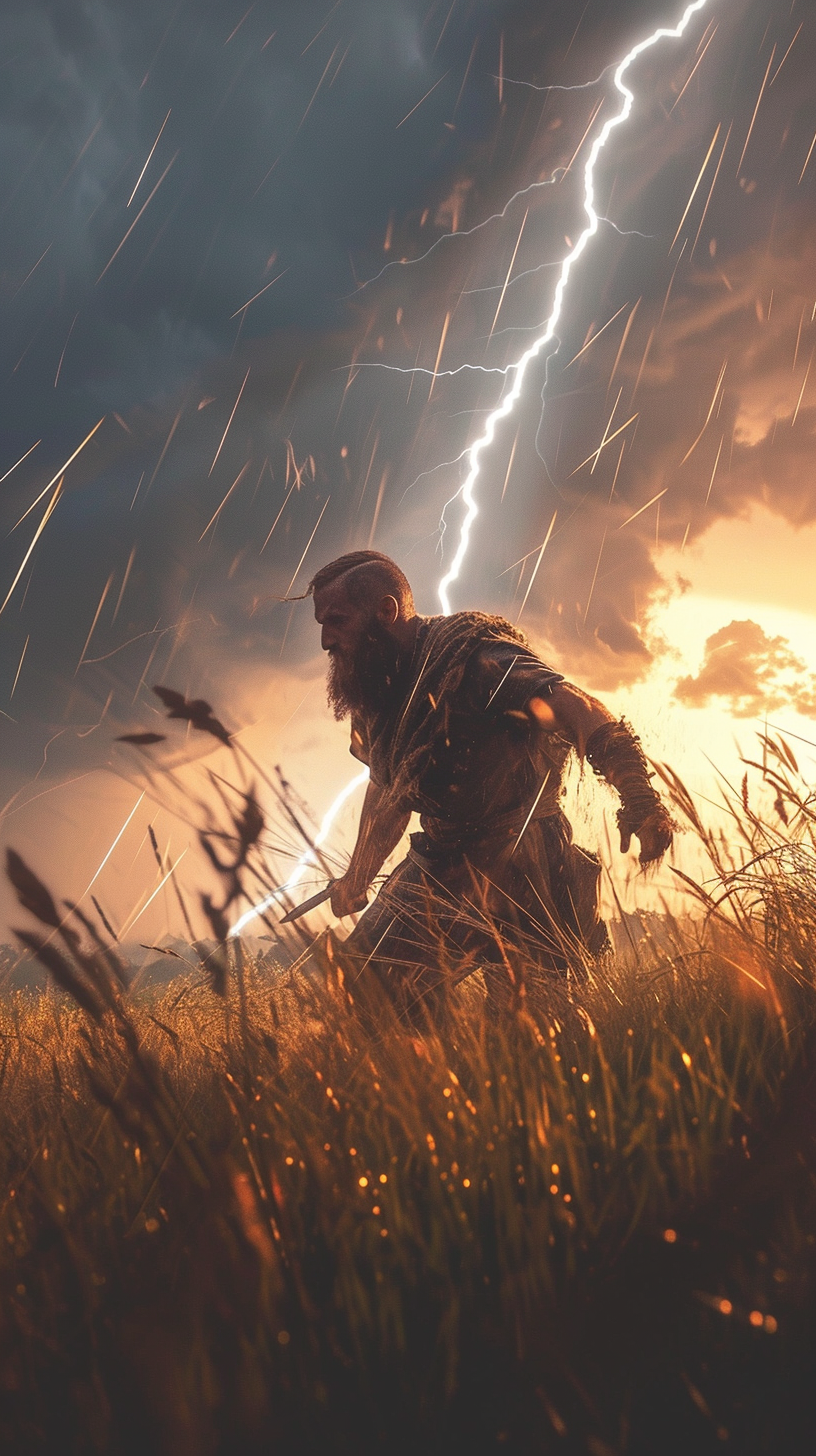 4. The ALT Text for the image could be  Bearded man struck by lightning in fantasy field .