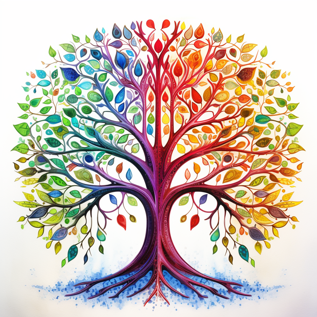 4. Vibrant watercolor depiction of an Aboriginal tree of life in feminine energy.