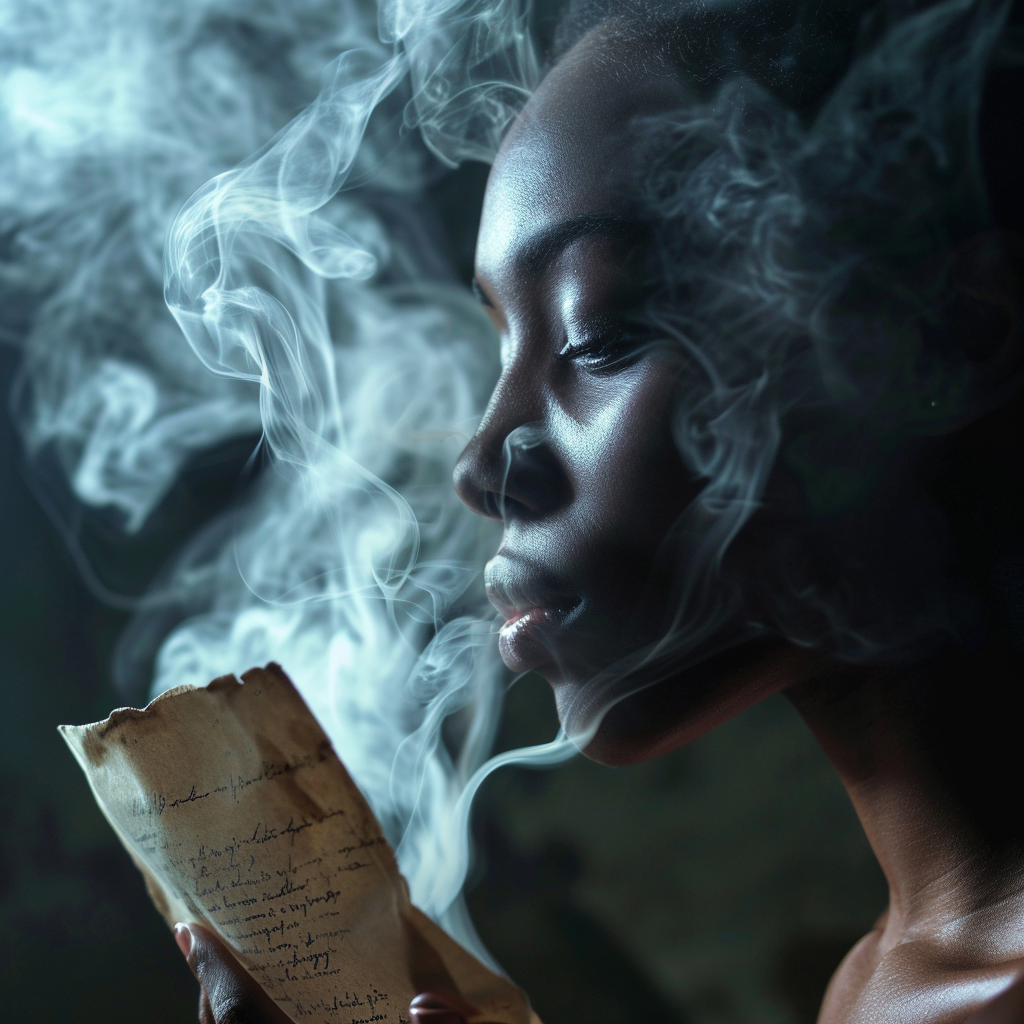 4. Afrocentric woman holding tearful letter with smoke