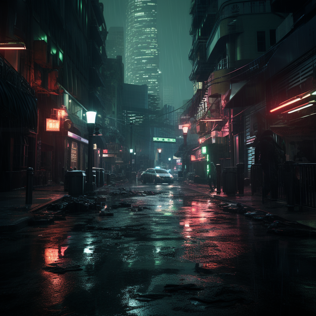 4. Alien street scene with cinematic lighting