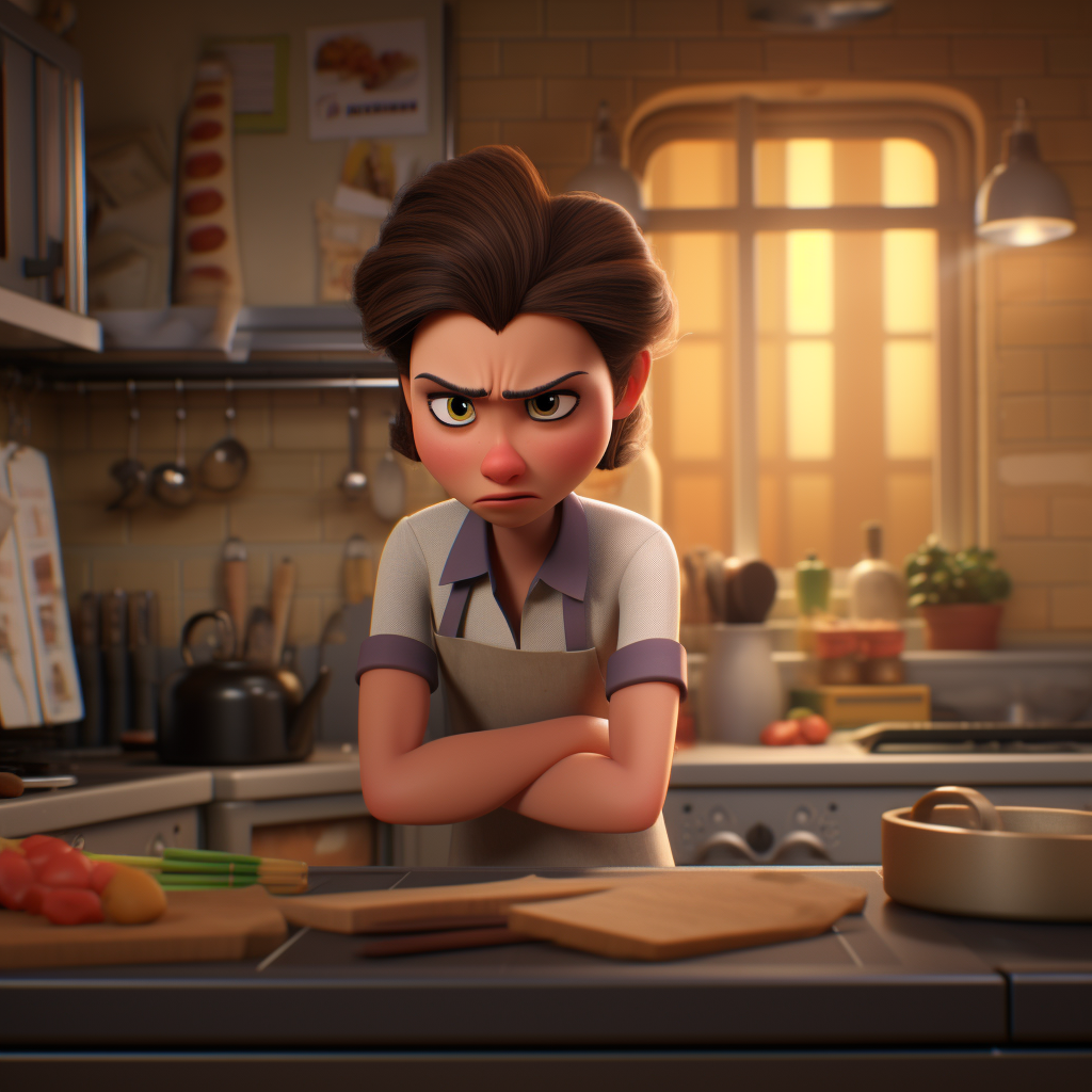 4. Angry woman in kitchen waiting for something to happen.