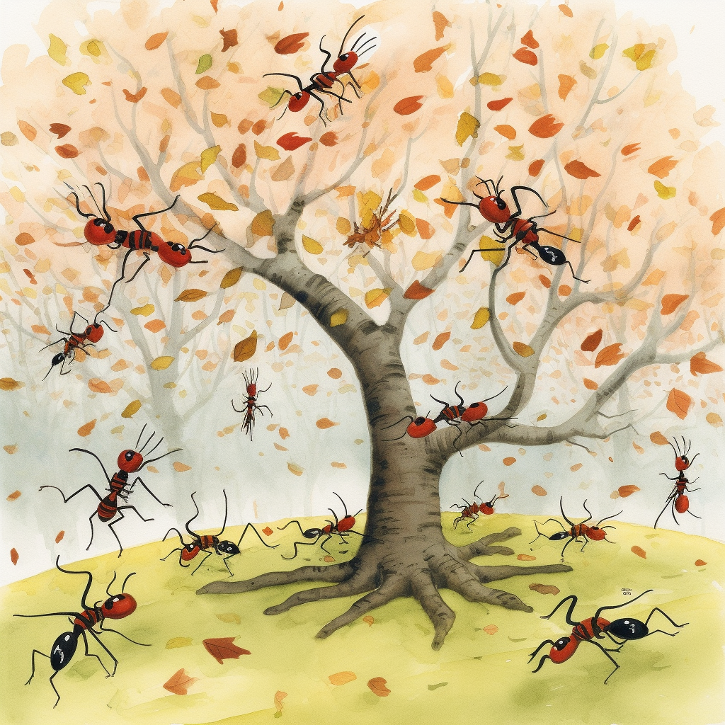 4. Playful ants circling tree branches in child's book