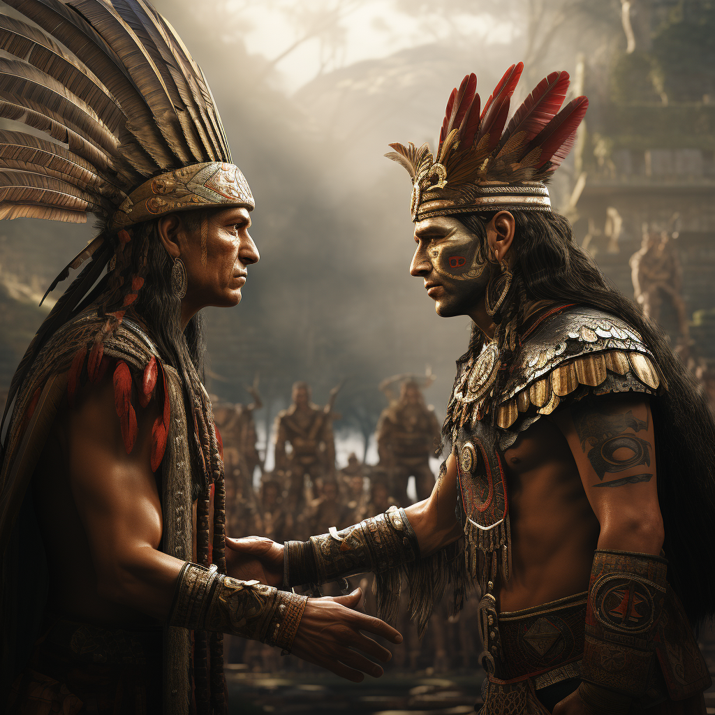 4. Image of Atahuallpa, the Aztec King meeting Pizarro