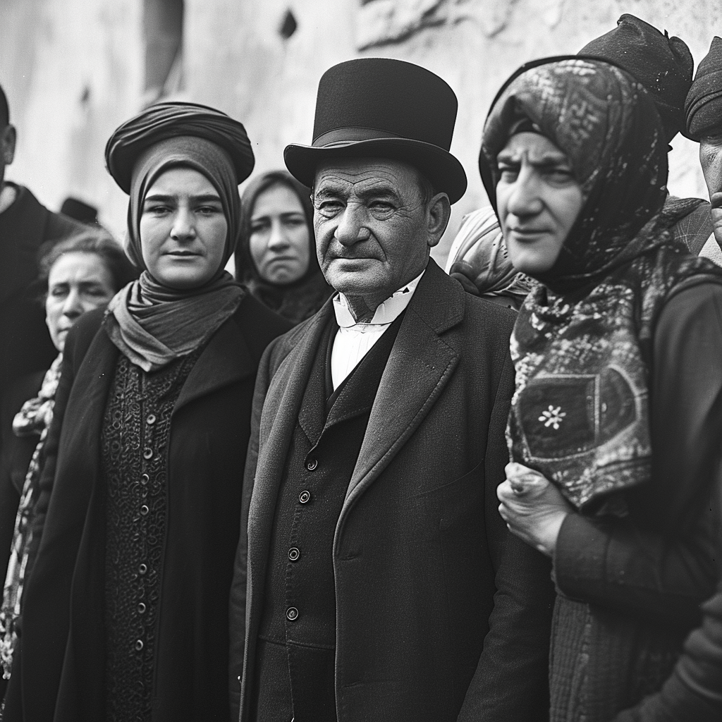 4. Vintage black and white image of Ataturk with Turkish citizens