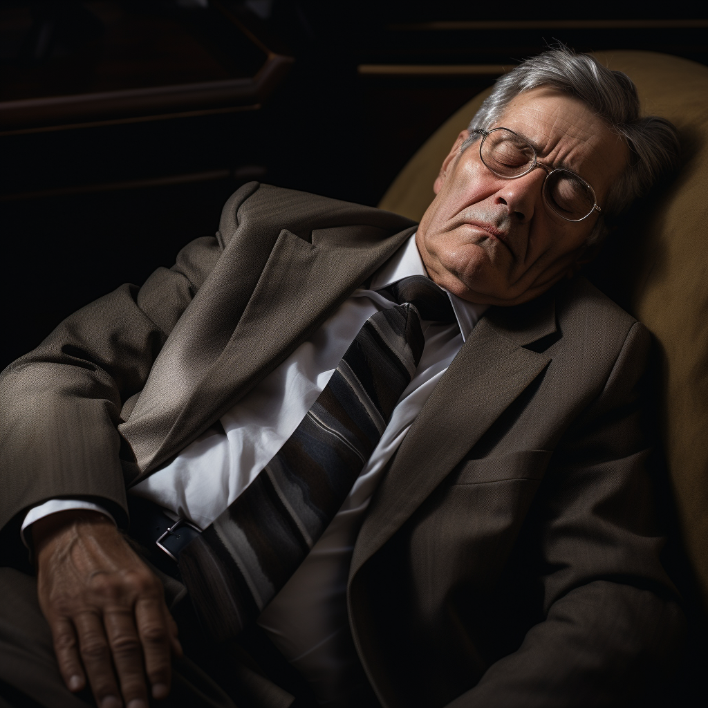 4. Cantankerous older man sleeping, glasses, suit, tie