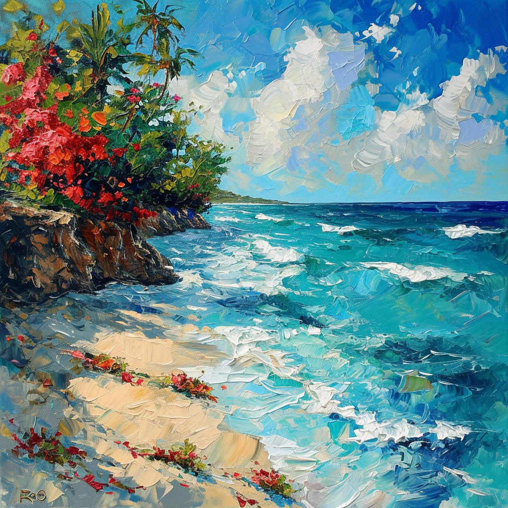 4. Vibrant and Colorful Caribbean Beach Oil Painting