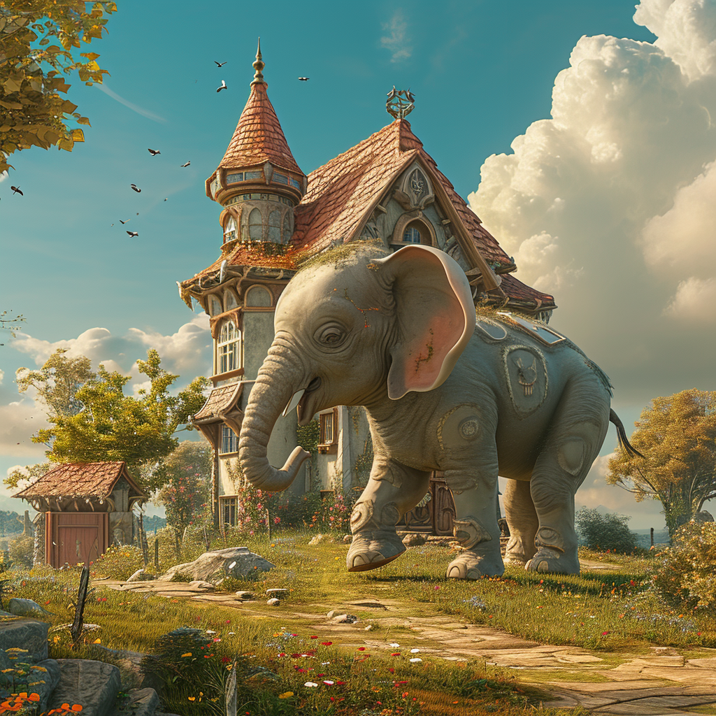 4. Cartoon elephant in ultrarealistic mansion