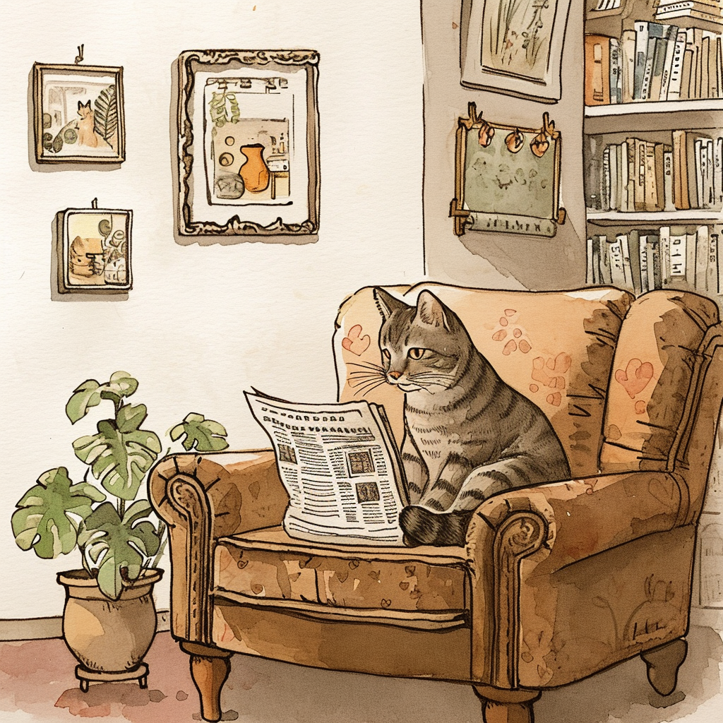 4. Image of a cat reading newspaper in living room