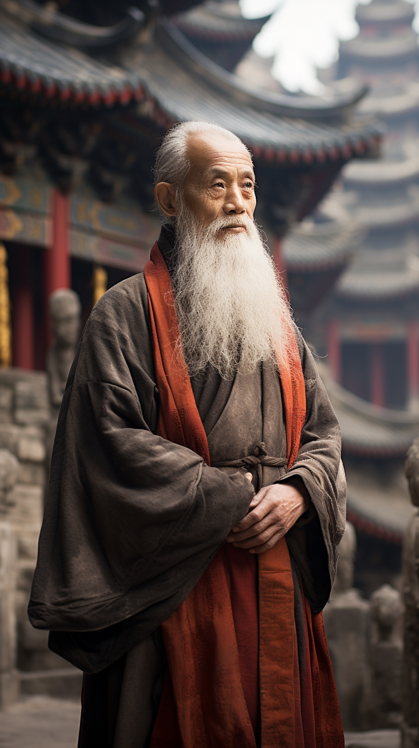 4. Image of Chinese monk and ancient stone temple.