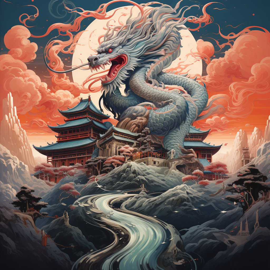 4. Dragon flying above Daoism temple on mountain