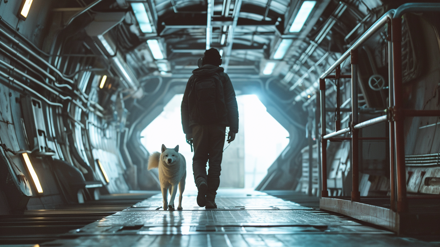 4.  A happy man and his loyal shiba inu exiting a spaceship