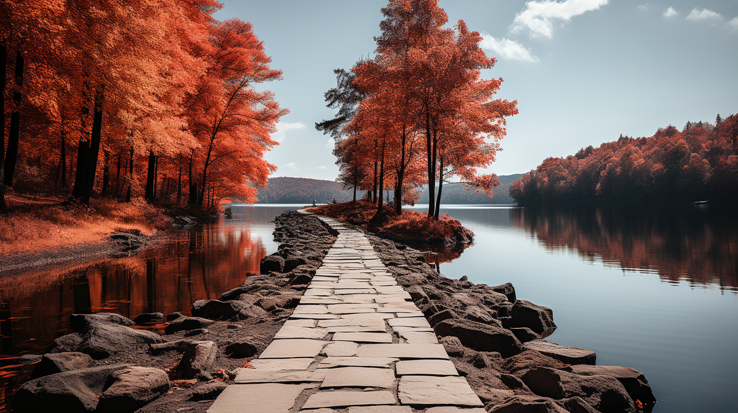 4. Serene mountain lake with cobblestone path