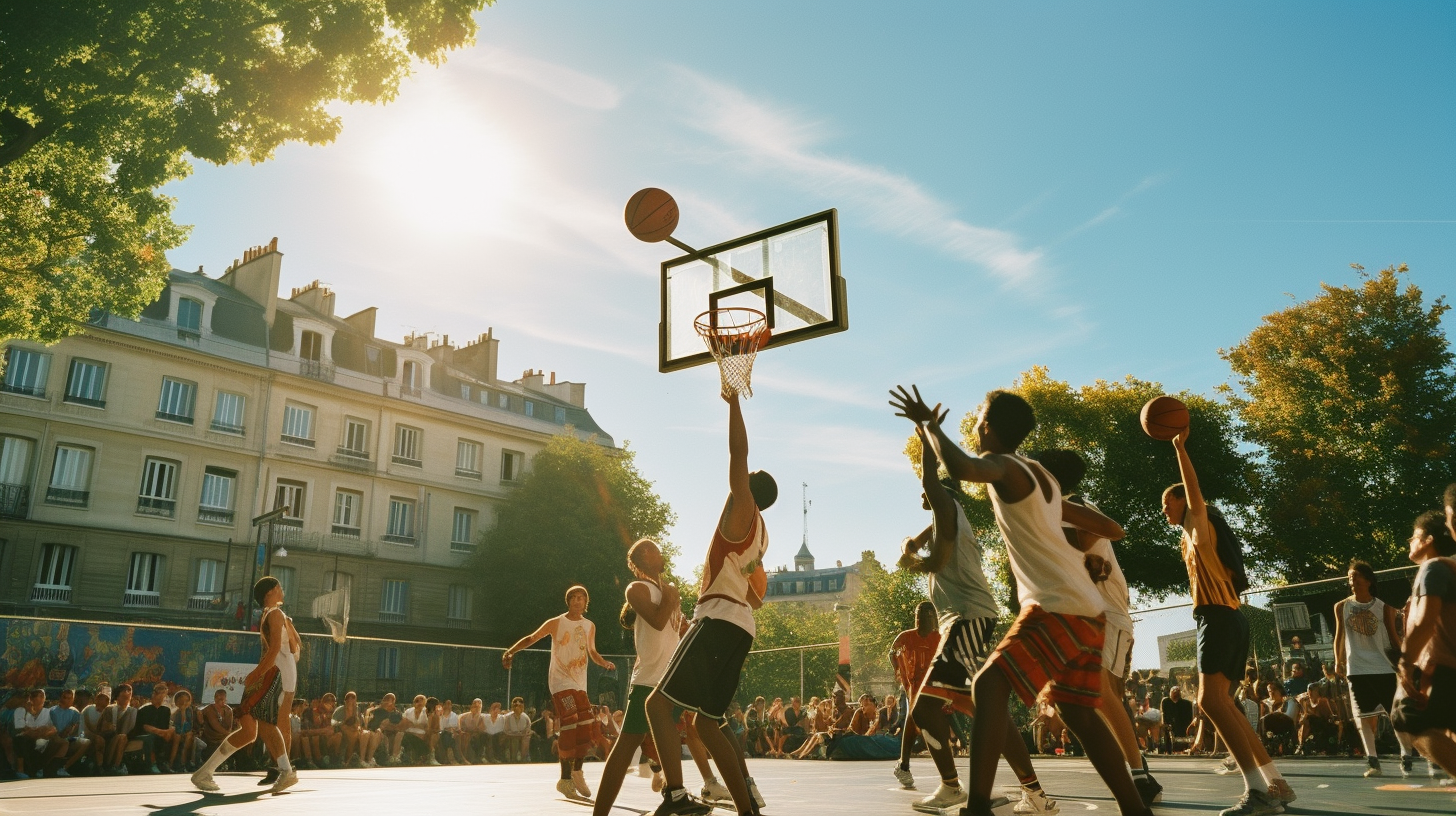 4. A group of young people playing basketball in Paris