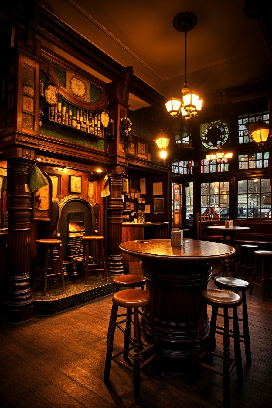 4. Cozy Irish pub with warm lighting and a pint of beer