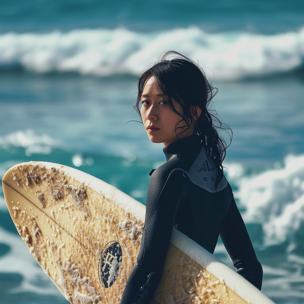 4. Cute Japanese woman surfing with a surfboard in the sea