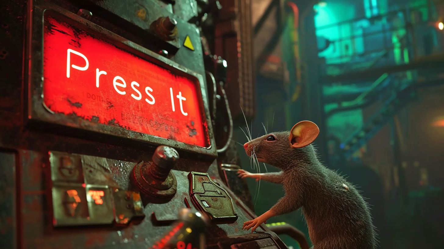 4. Image of cybernetic rat pressing a red button on a console