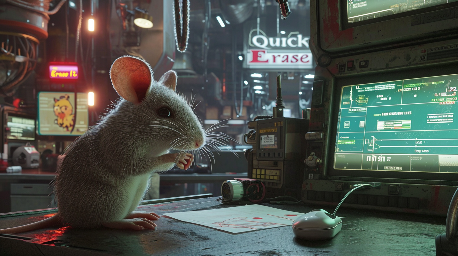 4. Cybernetic rat erasing data on office screen.