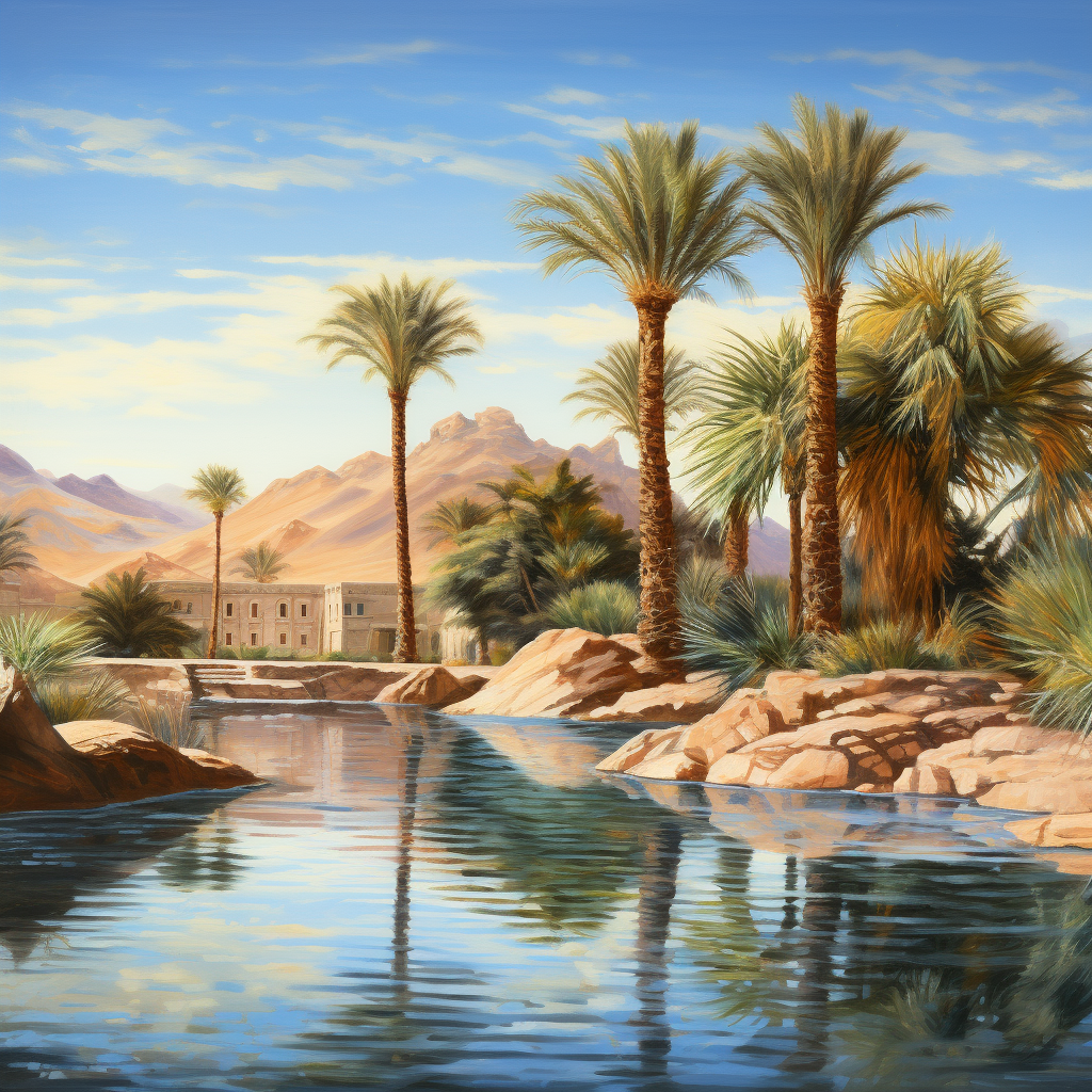 4. Date palms surrounding tranquil pool of water