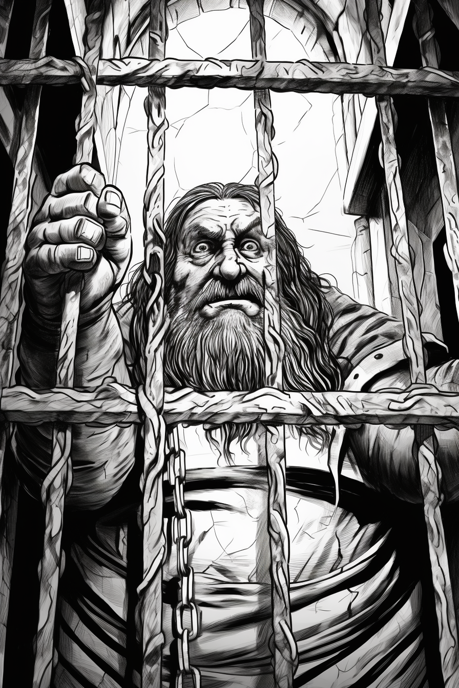 4. Imprisoned dwarf behind metal bars in fantasy setting